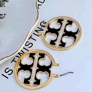 Tory Burch Gold and Black Logo Earrings